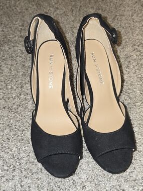 Sun + Stone Black Suede Open-Toe Slingback Heels